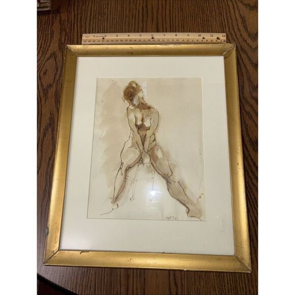 Vintage Signed Framed Abstract Nude Figure Watercolor Painting / Wood 1965